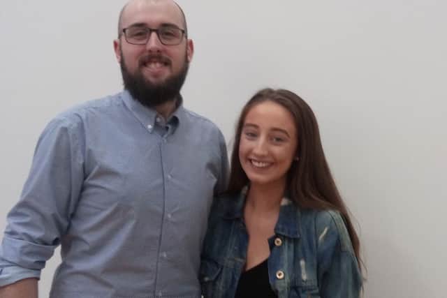 Celebrating her GCSE results is Samworth Church Academy student Kiah Liy Massey with history teacher Bradley Slater.