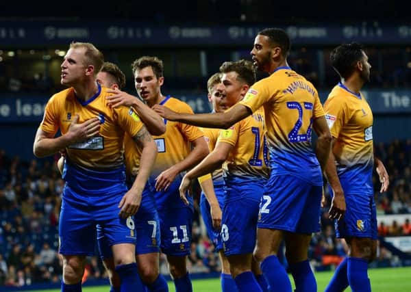 Picture by Howard Roe/AHPIX.com;Football;Skybet;Carabao Cup; Round 2
West Bromwich Albion v Mansfield Town
28/8/2018  KO 8.00 pm; The Hawthorns;
copyright picture;Howard Roe;07973 739229

Stag's Neal Bishop celebrates his goal