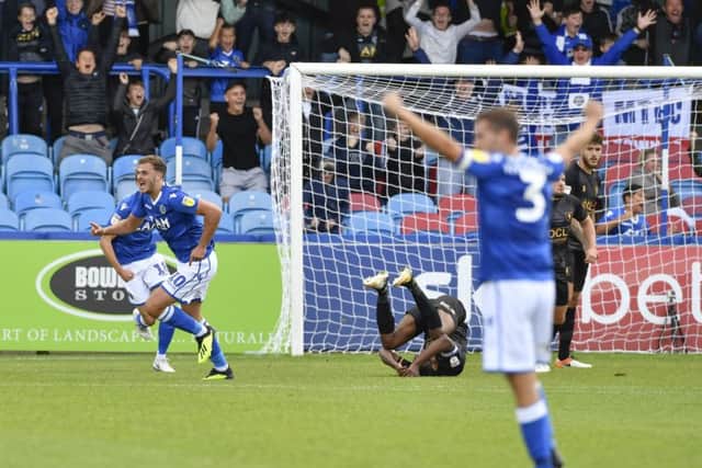 Macclesfield Town's Harry Smith celebrates scoring his sides equaliser: Picture by Steve Flynn/AHPIX.com, Football: Sky Bet League Two match Macclesfield Town -V- Mansfield Town at Moss Rose, Macclesfield, Cheshire, England copyright picture Howard Roe 07973 739229