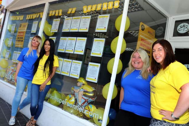 Kelly Hughes, Vicky May, Sarah Elvidge and Lauren Shepherd from Ambitions Personnel with their entry in to the Tour of Britain Best Dressed Window competition which they put together with help from manager Lynsey Butler.