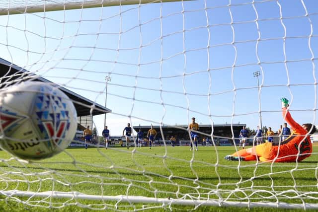 Picture by Gareth Williams/AHPIX.com; Football; Sky Bet League Two; Mansfield Town v Carlisle United; 1/9/18  KO 15:00; The One Call Stadium; copyright picture; Howard Roe/AHPIX.com; Mansfield's Tyler Walker beats Carlisle keeper Adam Collin from the penalty spot to secure a 1-0 victory