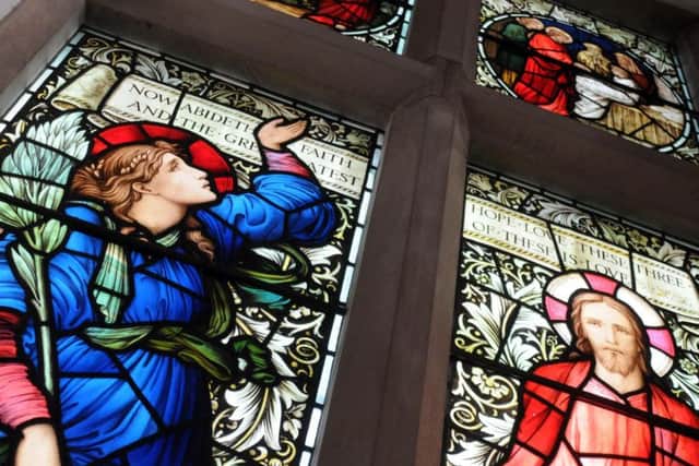 The stained glass windows at the Old Meeting House