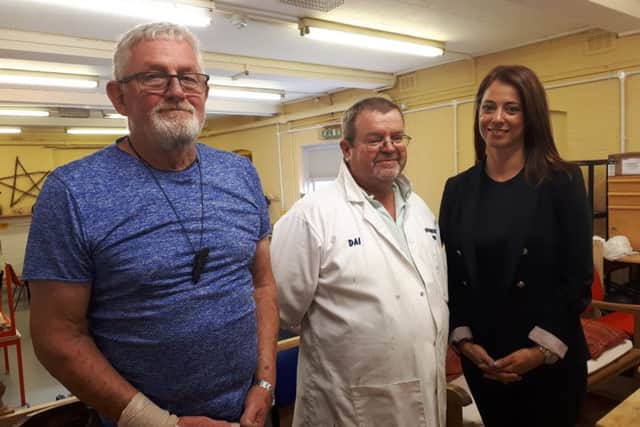 Gloria De Piero MP with Geoff Jago-Lee and Dai James at Huthwaite Hub.
