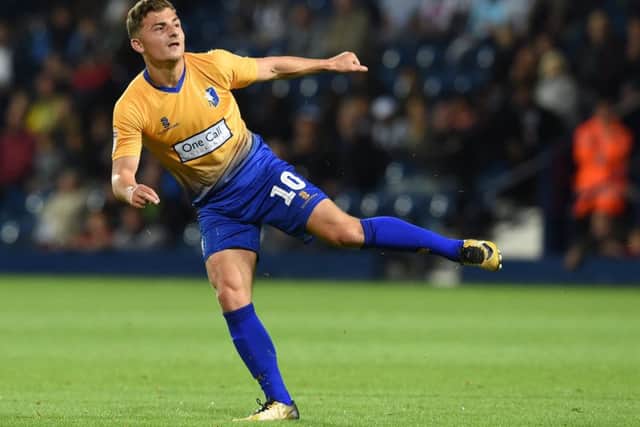 Picture by Howard Roe/AHPIX.com;Football;Skybet;Carabao Cup; Round 2
West Bromwich Albion v Mansfield Town
28/8/2018 KO 8.00 pm; The Hawthorns;
copyright picture;Howard Roe;07973 739229
Stag's Otis Khan watchs his free kick