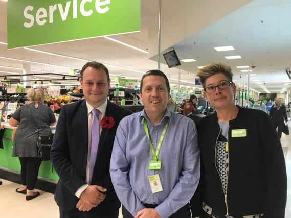 Councillor Jason Zadrozny, Richard Jackson, Manager of ASDA and Julie Sisson, Assistant Manager.