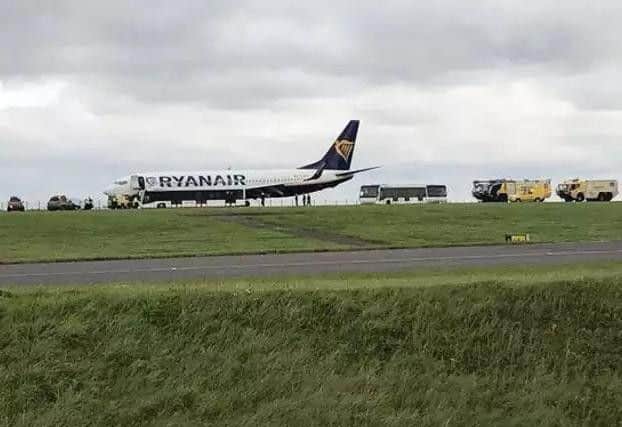 The damaged plane after it had touched down at East Midlands Airport
