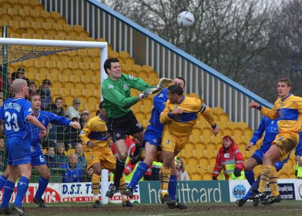 2003 action between Stags and Oldham on their last Football League visit, which the Latics won 1-0.