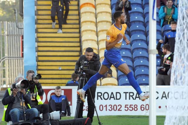 Mansfield Town v NorthamptonCJ Hamilton celebrates Mansfield's third.