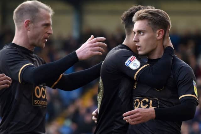 Picture Andrew Roe/AHPIX LTD, Football, EFL Sky Bet League Two, Bury v Mansfield Town, Gigg Lane, 06/10/2018, K.O 3pmMansfield's players celebrate Danny Rose's goalAndrew Roe>>>>>>>07826527594