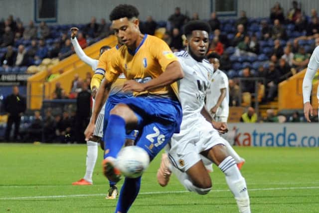 Mansfield Town v Wolves U21Jordan Graham gets in on goal.