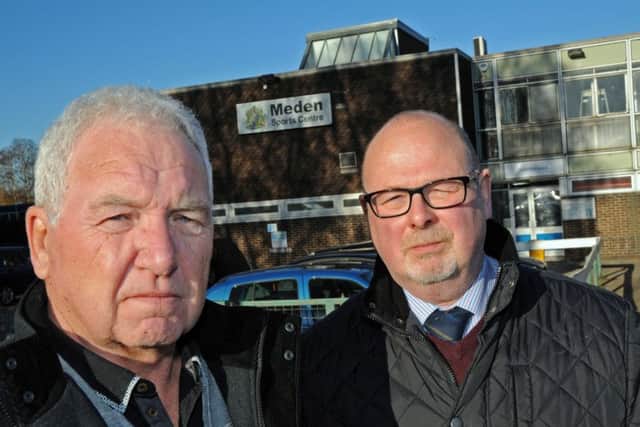 Councillors John Kerr, left, and Andy Wetton outside the Meden Sports Centre in Warsop, which Mansfield District Council want to close.