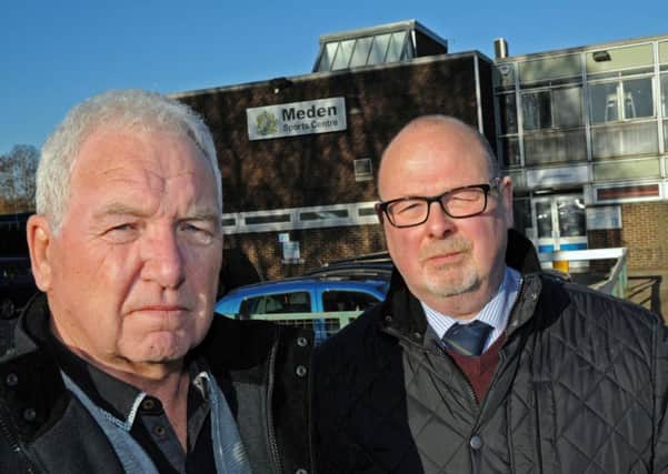 Councillors John Kerr, left, and Andy Wetton outside the Meden Sports Centre in Warsop, which Mansfield District Council want to close.