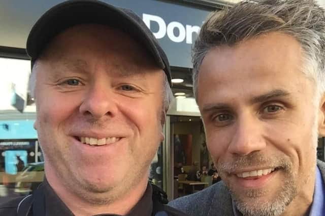 Richard Bacon and Jon Pertwee outside Crawshaws.