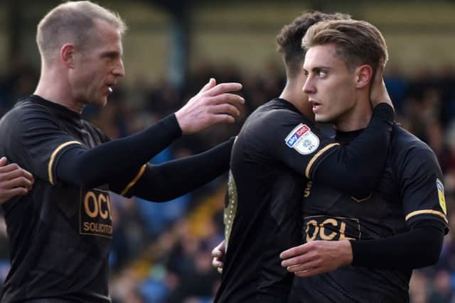 Picture Andrew Roe/AHPIX LTD, Football, EFL Sky Bet League Two, Bury v Mansfield Town, Gigg Lane, 06/10/2018, K.O 3pmMansfield's players celebrate Danny Rose's goalAndrew Roe>>>>>>>07826527594