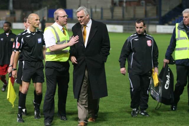 Stags chairman James Derry tries to approach referee Darren Drysdale at the end of the game.