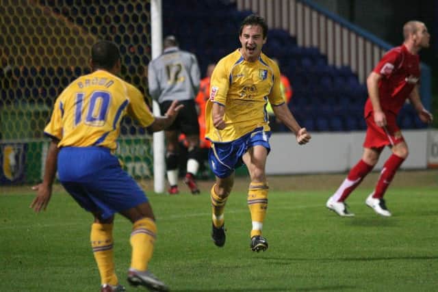 Mickey Boulding celebrates putting Stags ahead.