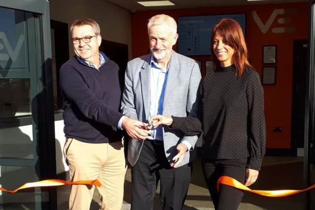 Labour leader Jeremy Corbyn opens Van Elle's new training centre, flanked by Ashfield MP Glora De Piero and the firm's senior group director, Nick Mason.
