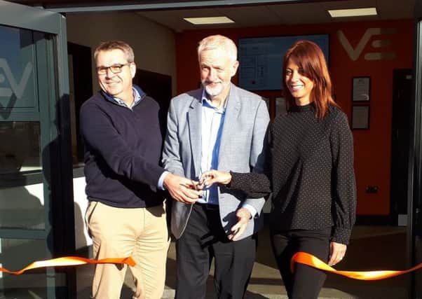 Labour leader Jeremy Corbyn opens Van Elle's new training centre, flanked by Ashfield MP Glora De Piero and the firm's senior group director, Nick Mason.