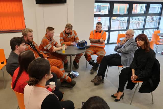 Jeremy Corbyn and MP Gloria De Piero chat to workers and apprentices at Van Elle.