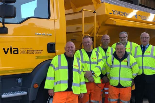Gritter drivers Tony Brown, Mark Wardle, Andrew Hammans and Paul Davis at Gamston Highways Depot with Via East Midlands team manager, Kevin Heathcote and Nottinghamshire County Councils Communities and Place chairman, Councillor John Cottee
