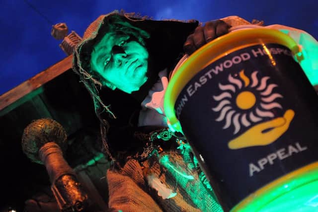Lee Buckley 'demanding money with menaces' all for a good cause - the John Eastwood Hospice being the beneficiary of Halloween malevolence at his Vale Road home in Mansfield Woodhouse.