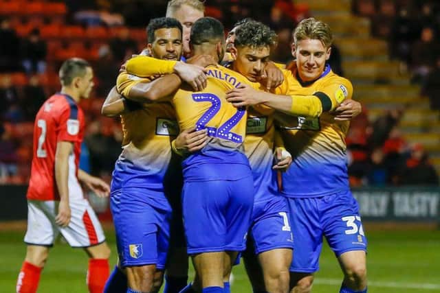 Picture Andrew Roe/AHPIX LTD, Football, EFL Sky Bet League Two, Crewe Alexandra v Mansfield Town, Gresty Road, 30/10/2018, K.O 7.45pmMansfield's players celebrate Tyler Walker's goalAndrew Roe>>>>>>>07826527594