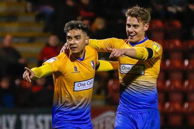 Mansfield's Tyler Walker celebrates his goal with Danny Rose. Pic by Picture Andrew Roe/AHPIX LTD.