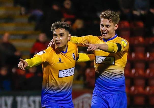 Mansfield's Tyler Walker celebrates his goal with Danny Rose. Pic by Picture Andrew Roe/AHPIX LTD.