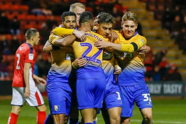 Picture Andrew Roe/AHPIX LTD, Football, EFL Sky Bet League Two, Crewe Alexandra v Mansfield Town, Gresty Road, 30/10/2018, K.O 7.45pm
Mansfield's players celebrate Tyler Walker's goal
Andrew Roe>>>>>>>07826527594
