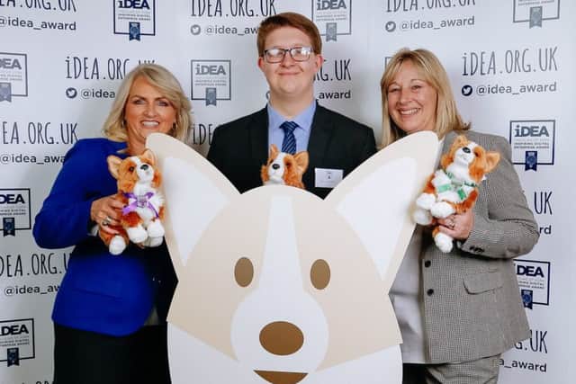 West Nottinghamshire College tutors Nikki Slack and Trudi Dean  with former student Alex Peake at the event