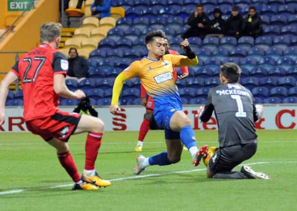 Mansfield Town v  Grimsby Town.
Tyler Walker gets in on goal early in the first half.