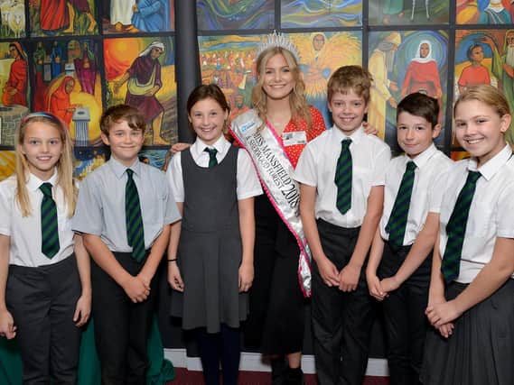 Miss Mansfield and Sherwood Forest, Bethany Wigley visited St Patrick's Catholic Primary School to meet with some of the children who raised money for her adopted charity Rethink Mental Illness
