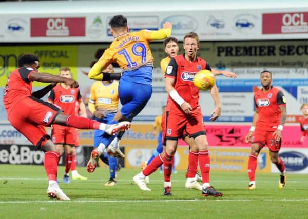 Mansfield Town v  Grimsby Town.
Tyler Walker fires in the Stags' equaliser.