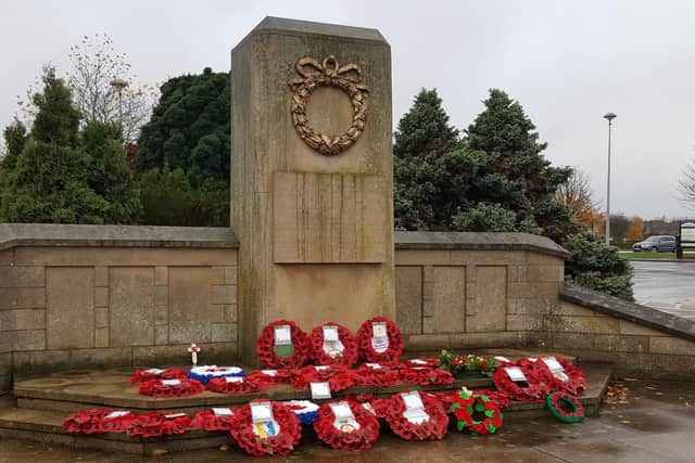 Wreaths laid at Mansfield Civic Centre's cenotaph.