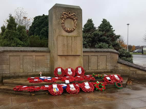 Wreaths laid at Mansfield Civic Centre's cenotaph.