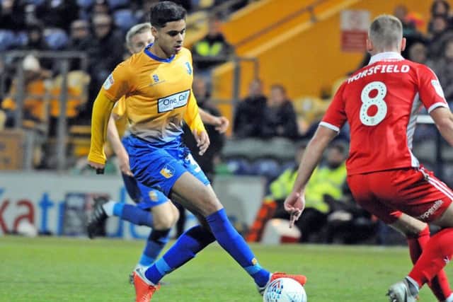 Mansfield Town v Scunthorpe Utd., Checkatrade Trophy.
Nyle Blake sets up his 21st minute goal.
