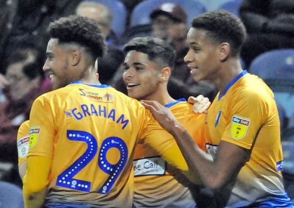 Mansfield Town v Scunthorpe Utd., Checkatrade Trophy.  
Nyle Blake is congratulated on his 21st minute goal for the Stags.