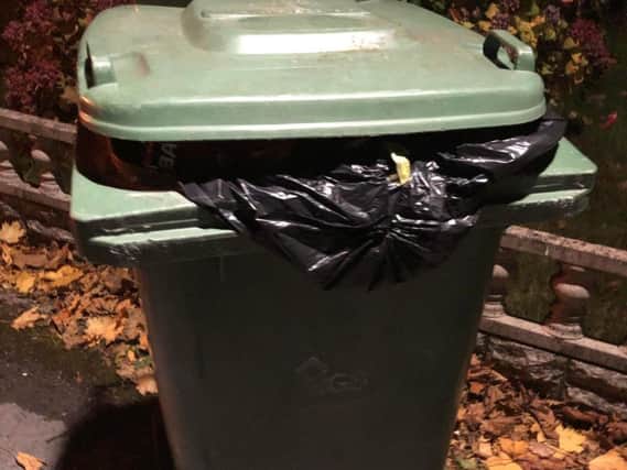 Mr Willows green bin, which binmen refused to collect as the lid was open.