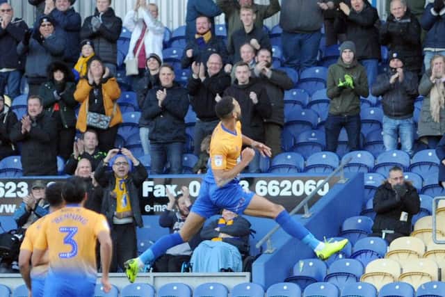 Mansfield Town v Port Vale.  CJ Hamilton celebrates after scoring for the Stags in the first half.