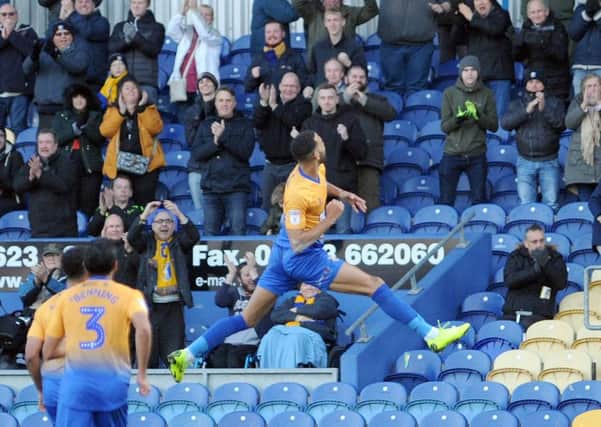 Mansfield Town v Port Vale.  
CJ Hamilton celebrates after scoring for the Stags in the first half.