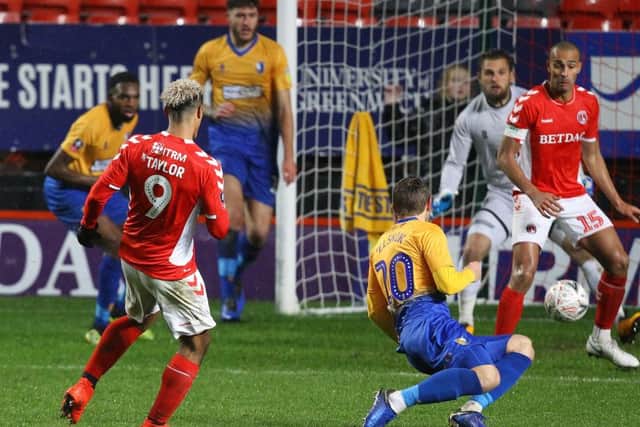 Picture by Gareth Williams/AHPIX.com; Football; Emirates FA Cup; Charlton Athletic v Mansfield Town; 20/11/18 KO 19:45; The Valley; copyright picture; Howard Roe/AHPIX.com; Charlton's Lyle Taylor fires home his and their second against Mansfield