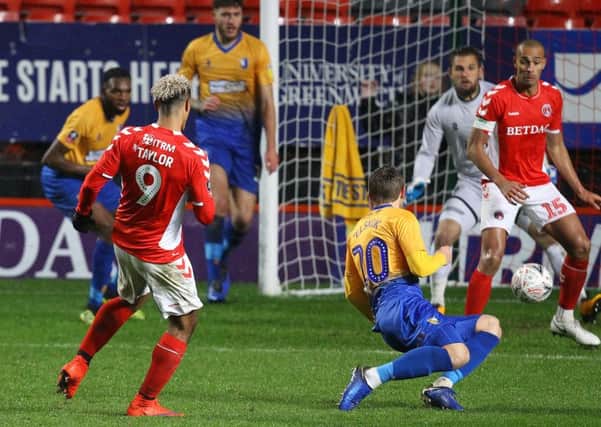 Picture by Gareth Williams/AHPIX.com; Football; Emirates FA Cup; Charlton Athletic v Mansfield Town; 20/11/18  KO 19:45; The Valley; copyright picture; Howard Roe/AHPIX.com; Charlton's Lyle Taylor fires home his and their second against Mansfield