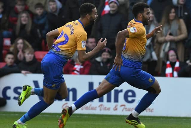 Picture Andrew Roe/AHPIX LTD
Mansfield's Jacob Mellis celebrates his equalising goal
.