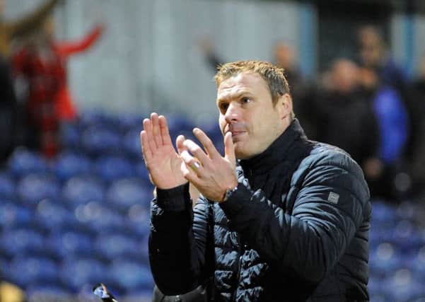 Mansfield Town v  Grimsby Town.
David Flitcroft thanks the fans for their support after victory over Grimsby Town.