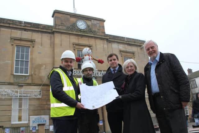 Left to right, MDC Assistant Architect Thomas Price, Rosslee Construction Site Manager Pat Flood, D2N2 Capital Projects Manager Tom Goshawk, Executive Mayor of Mansfield Kate Allsop, Portfolio Holder for Growth and Regerneration Cllr Dave Saunders