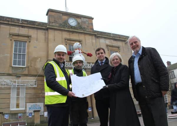 Left to right, MDC Assistant Architect Thomas Price, Rosslee Construction Site Manager Pat Flood, D2N2 Capital Projects Manager Tom Goshawk, Executive Mayor of Mansfield Kate Allsop, Portfolio Holder for Growth and Regerneration Cllr Dave Saunders