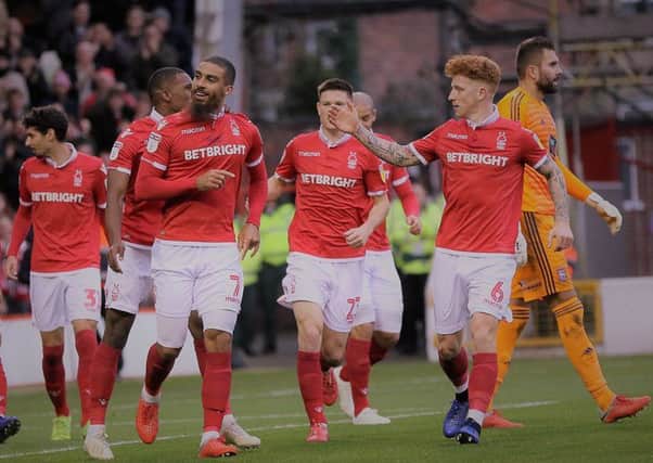 Lewis Grabban  celebrates with his team mates after scoring in the game against Ipswich Town FC at The City Ground Nottingham on 01-12-18 Image Jez Tighe