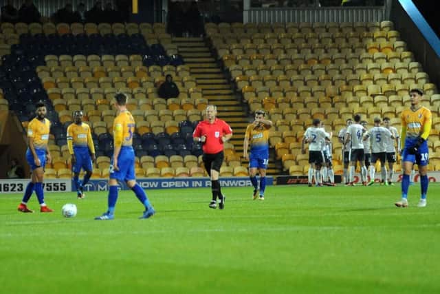 Mansfield Town v Bury.
Bury go ahead in the first half.