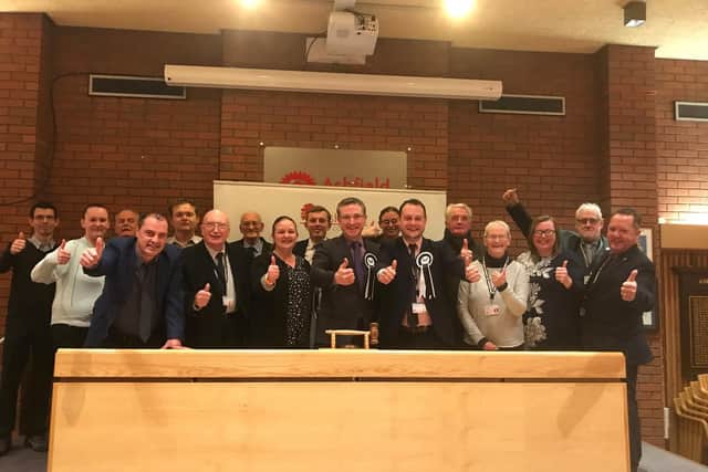 New Councillor Matthew Relf, Ashfield Council Leader Jason Zadrozny and the Ashfield Independent Team celebrate their win at the Ashfield District Council Offices.