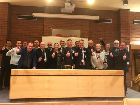 New Councillor Matthew Relf, Ashfield Council Leader Jason Zadrozny and the Ashfield Independent Team celebrate their win at the Ashfield District Council Offices.